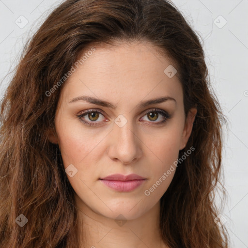 Joyful white young-adult female with long  brown hair and green eyes