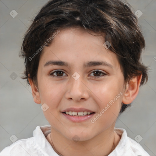 Joyful white child female with medium  brown hair and brown eyes