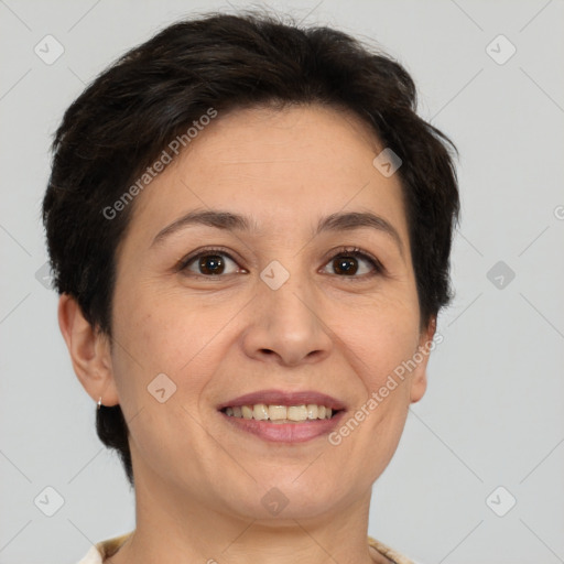 Joyful white adult female with short  brown hair and brown eyes