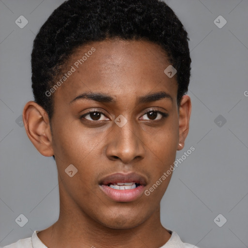 Neutral black young-adult female with short  black hair and brown eyes