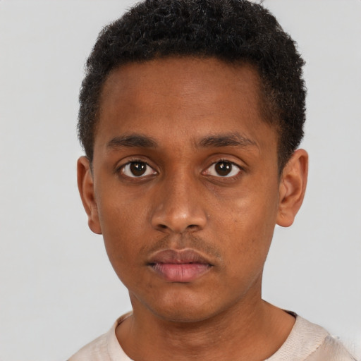 Neutral black young-adult male with short  brown hair and brown eyes