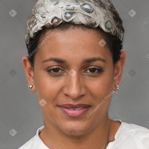 Joyful white adult female with short  brown hair and brown eyes