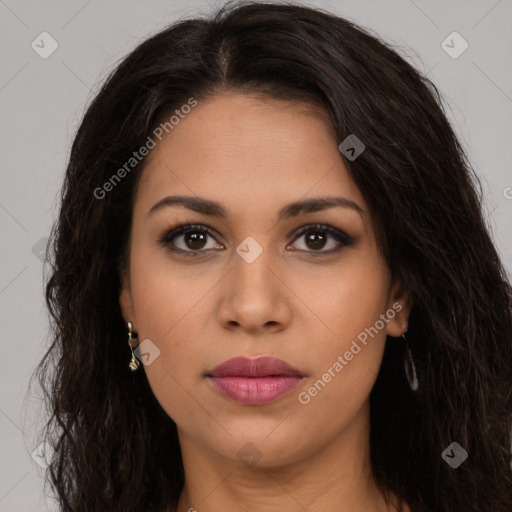 Joyful latino young-adult female with long  brown hair and brown eyes