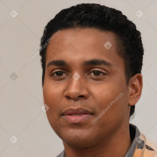 Neutral black young-adult male with short  black hair and brown eyes