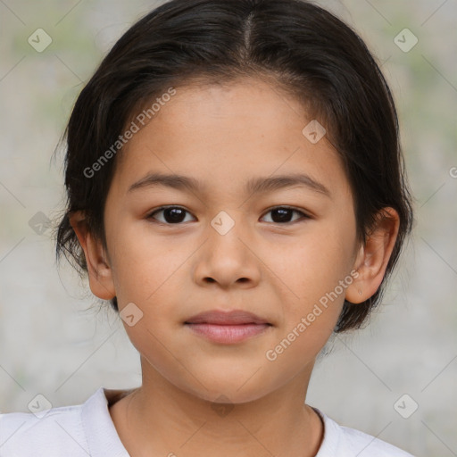 Joyful white child female with medium  brown hair and brown eyes