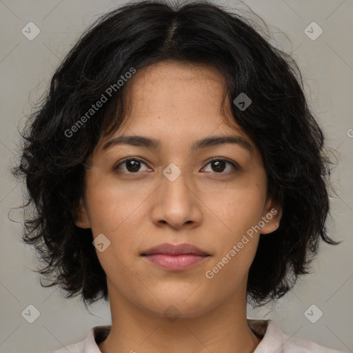 Neutral asian young-adult female with medium  brown hair and brown eyes