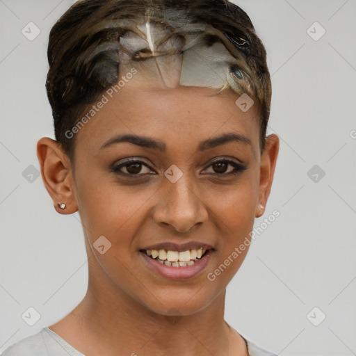 Joyful white young-adult female with short  brown hair and brown eyes