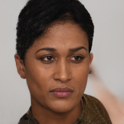Neutral latino young-adult female with short  brown hair and brown eyes