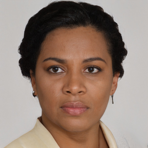 Neutral latino young-adult female with short  black hair and brown eyes