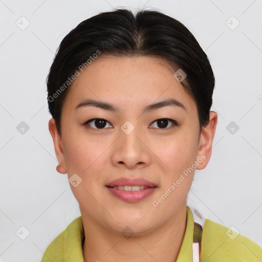 Joyful asian young-adult female with short  brown hair and brown eyes