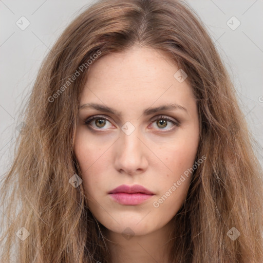 Neutral white young-adult female with long  brown hair and brown eyes