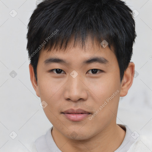 Neutral asian young-adult male with short  black hair and brown eyes