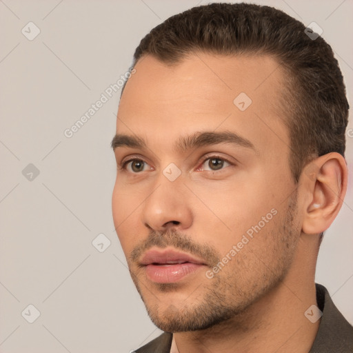 Neutral white young-adult male with short  brown hair and brown eyes