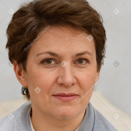 Joyful white adult female with short  brown hair and brown eyes