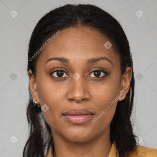 Joyful latino young-adult female with long  brown hair and brown eyes