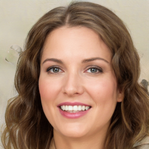 Joyful white young-adult female with medium  brown hair and green eyes