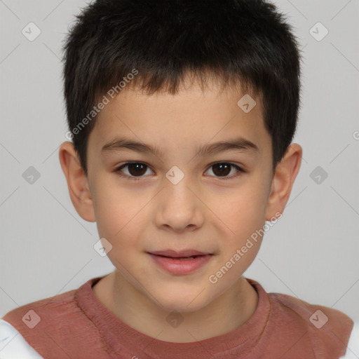 Joyful white child male with short  brown hair and brown eyes