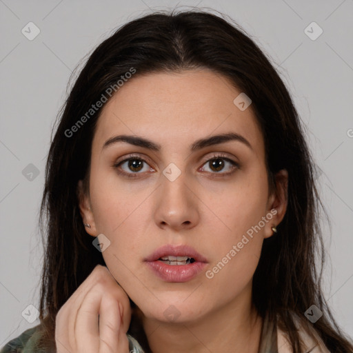 Neutral white young-adult female with medium  brown hair and brown eyes