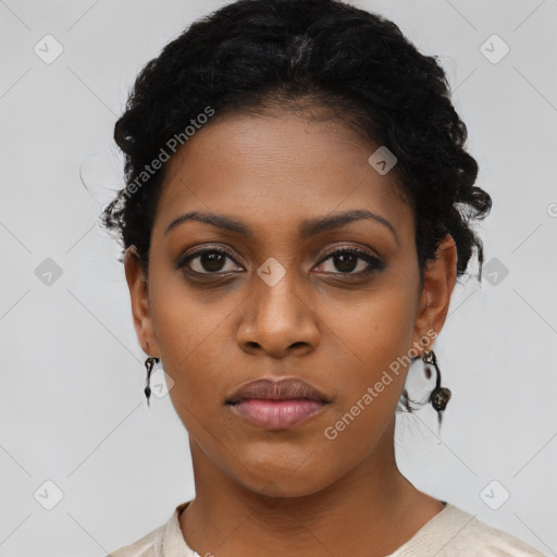 Neutral black young-adult female with short  black hair and brown eyes