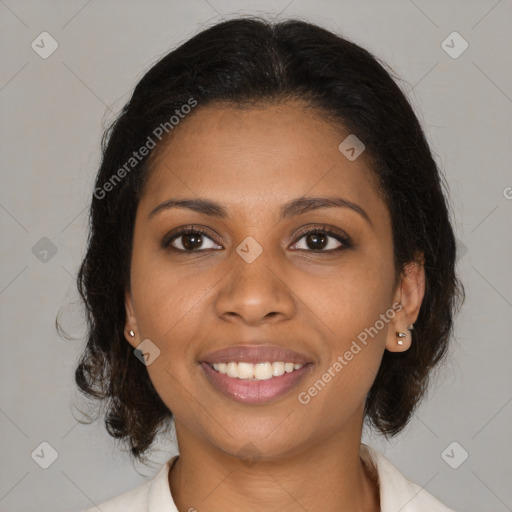 Joyful latino young-adult female with medium  brown hair and brown eyes