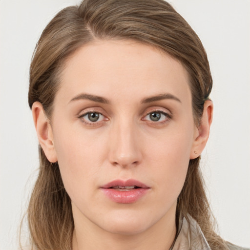 Neutral white young-adult female with long  brown hair and grey eyes