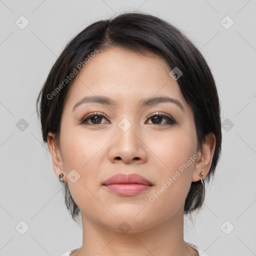 Joyful white young-adult female with medium  brown hair and brown eyes