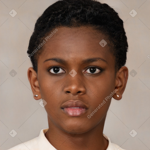 Neutral black young-adult female with short  brown hair and brown eyes