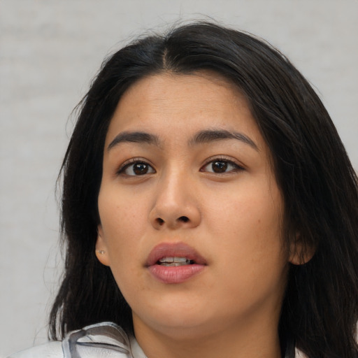 Neutral asian young-adult female with long  black hair and brown eyes