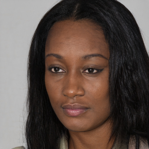 Neutral asian young-adult female with long  black hair and brown eyes