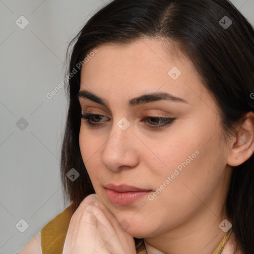 Neutral white young-adult female with medium  brown hair and brown eyes