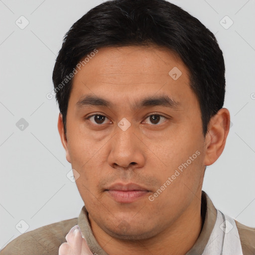 Neutral asian young-adult male with short  black hair and brown eyes