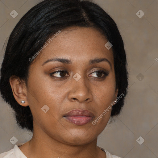 Joyful black young-adult female with medium  brown hair and brown eyes