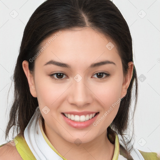 Joyful white young-adult female with medium  brown hair and brown eyes