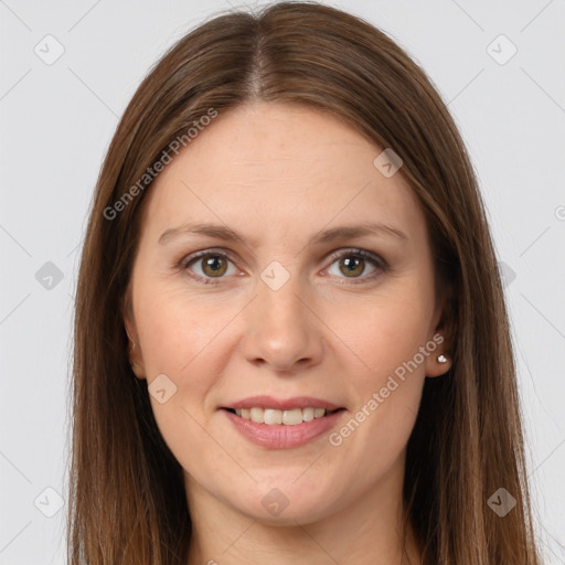 Joyful white young-adult female with long  brown hair and grey eyes