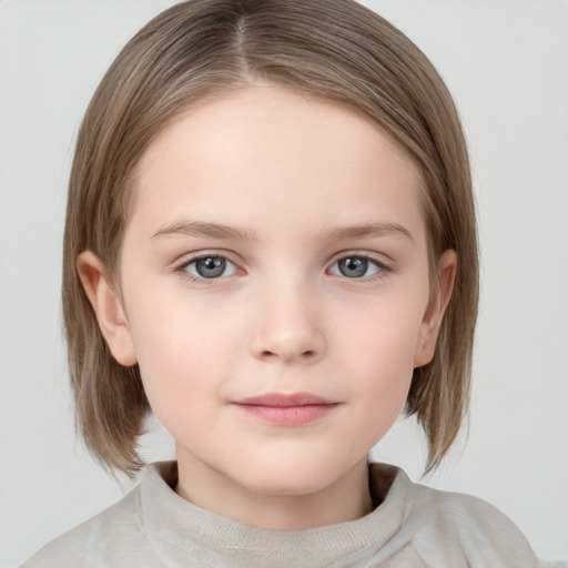 Neutral white child female with medium  brown hair and grey eyes