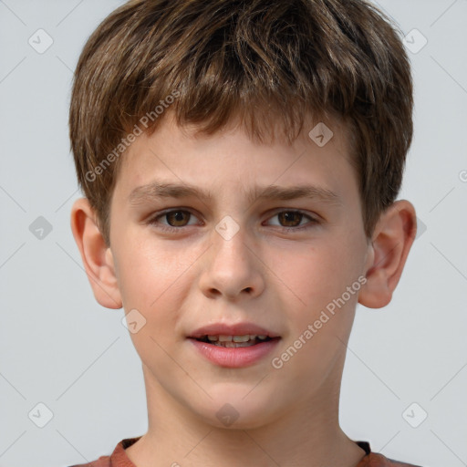 Joyful white child male with short  brown hair and brown eyes