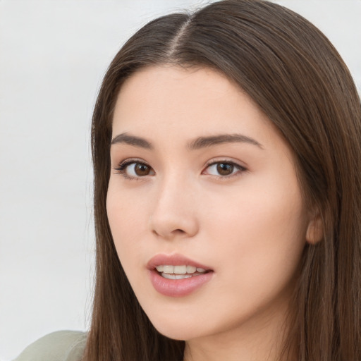 Neutral white young-adult female with long  brown hair and brown eyes