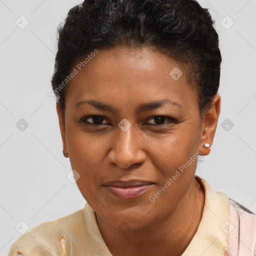 Joyful latino young-adult female with short  brown hair and brown eyes