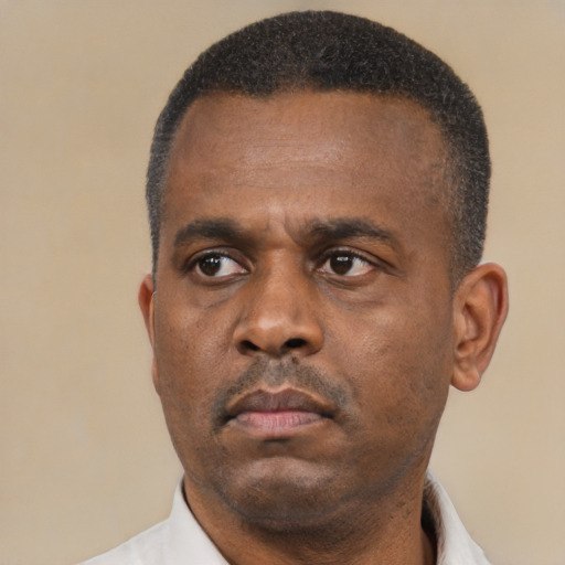 Neutral black adult male with short  black hair and brown eyes