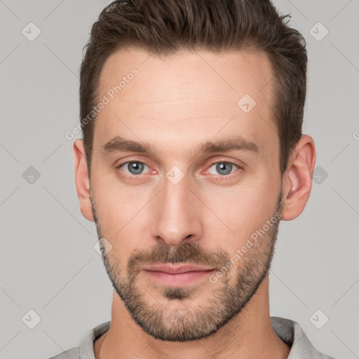 Neutral white young-adult male with short  brown hair and brown eyes