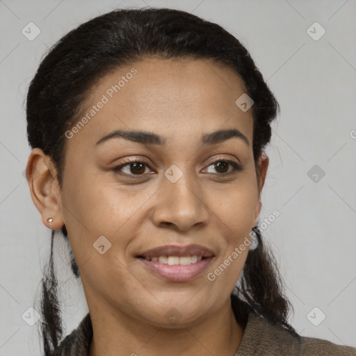 Joyful latino young-adult female with medium  brown hair and brown eyes
