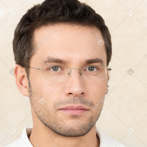 Neutral white young-adult male with short  brown hair and brown eyes