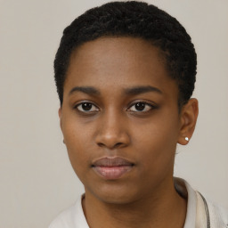 Neutral black young-adult female with short  black hair and brown eyes