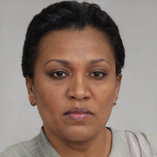 Joyful black adult female with short  brown hair and brown eyes