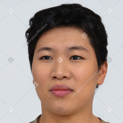 Neutral asian young-adult female with short  black hair and brown eyes