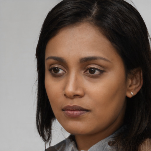 Neutral asian young-adult female with long  black hair and brown eyes