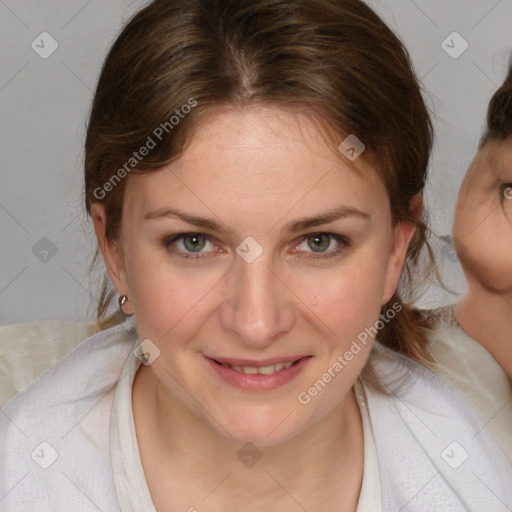 Joyful white young-adult female with medium  brown hair and blue eyes