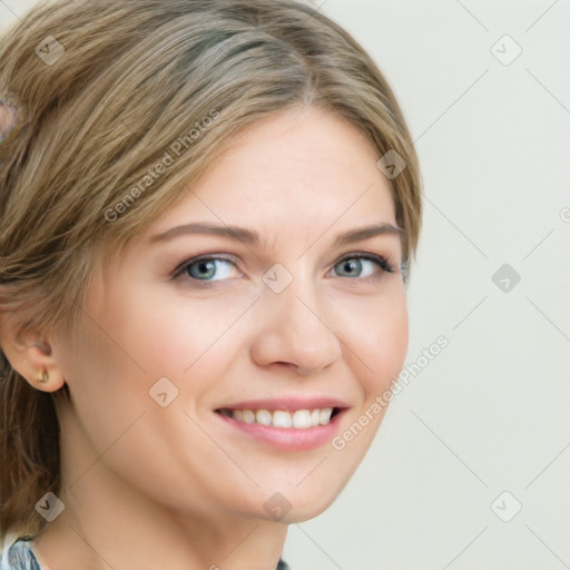 Joyful white young-adult female with medium  brown hair and blue eyes