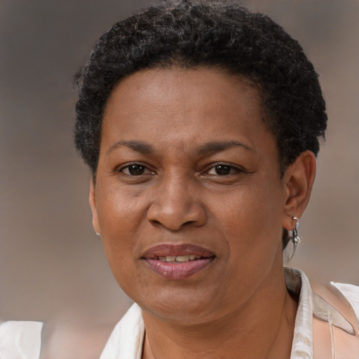Joyful black adult female with short  brown hair and brown eyes