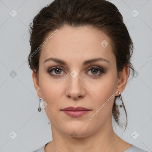 Joyful white young-adult female with medium  brown hair and green eyes